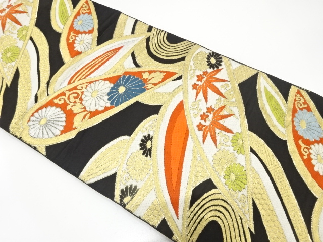 JAPANESE KIMONO / ANTIQUE FUKURO OBI / SILK / WOVEN STREAM & BAMBOO GRASS